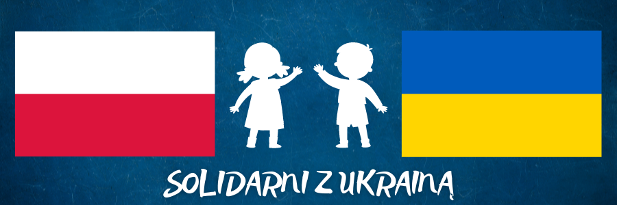 Grafika Solidarni z Ukrainą przedstawiająca flagi Polski i Ukrainy oraz machające sylwetki dzieci.