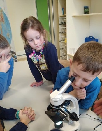 Uczniowie korzystają z mikroskopu