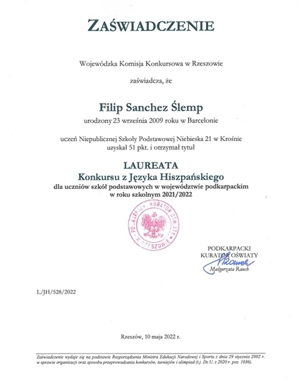 Dyplom laureata wojewódzkiego Konkursu z Języka Hiszpańskiego dla Filipa